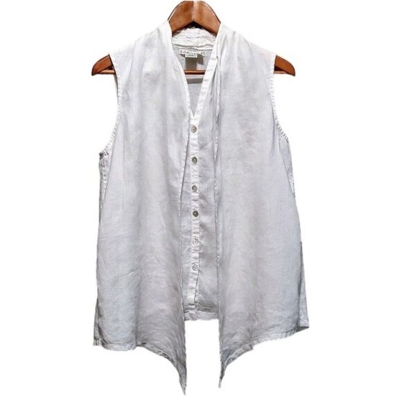 Crisp White Sleeveless 100% Linen Blouse with Front Open Scarf Panels Size Small - Picture 1 of 11